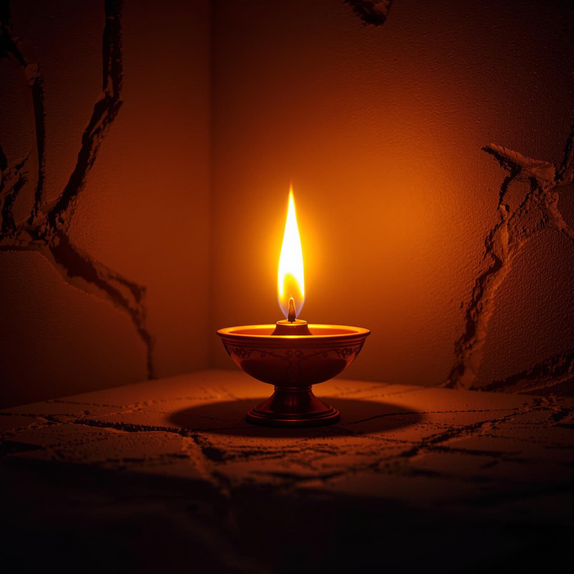 AI generated: "Hyperrealistic 3D image of an oil lamp being lit in a dimly lit room. The flame ignites slowly, cas...