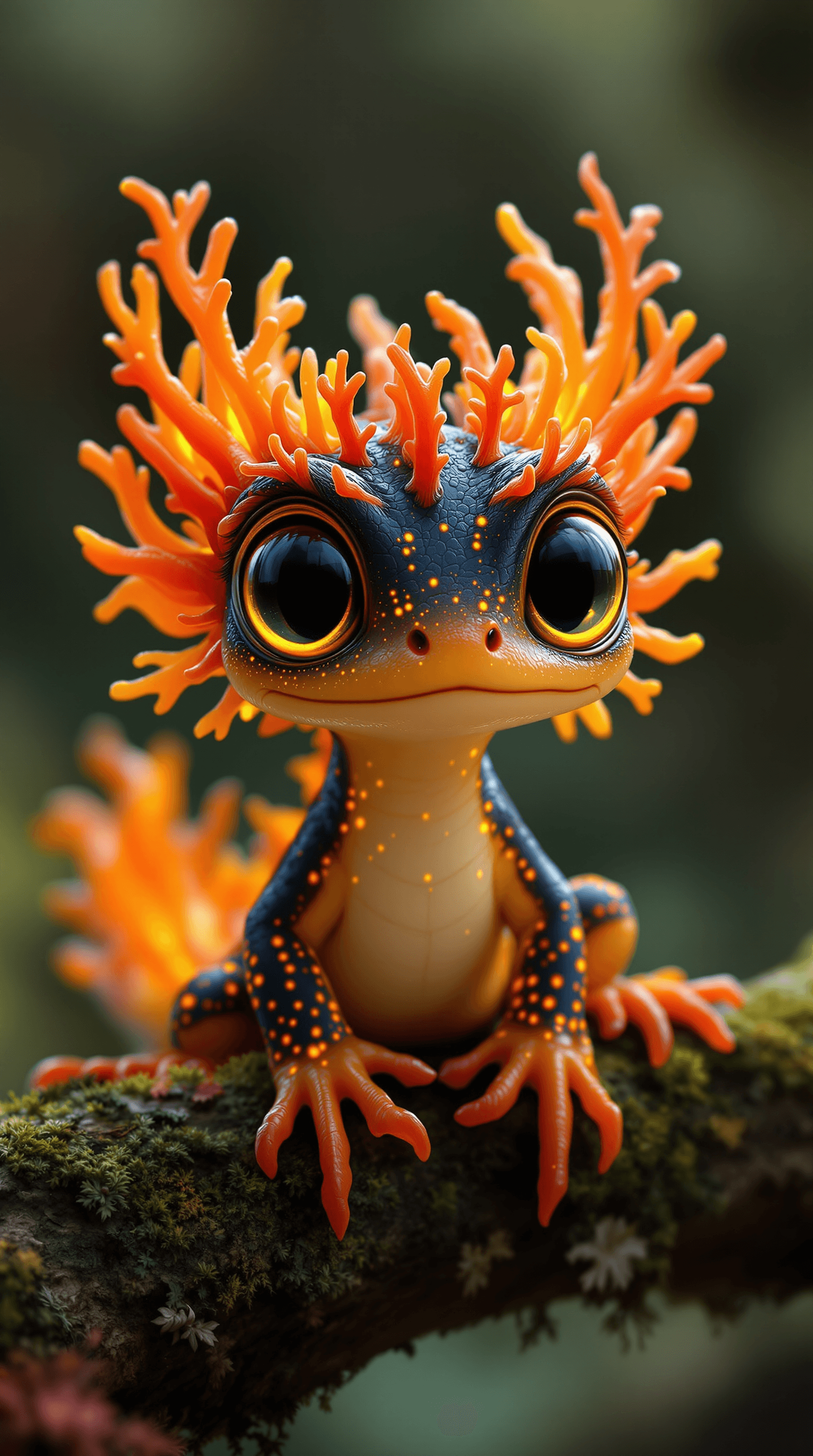 AI generated: A hyper-detailed, stylized fantasy creature resembling a tiny dragon-salamander hybrid, perched on a...