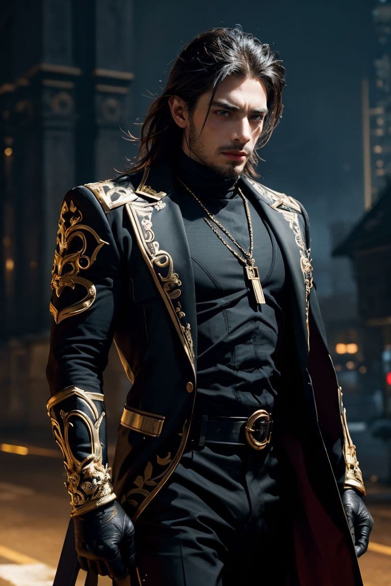 AI generated: A man(edgy male villain),(muscle body:0.2), (adorned in dark and stylish),(gold and black suit), (sh...