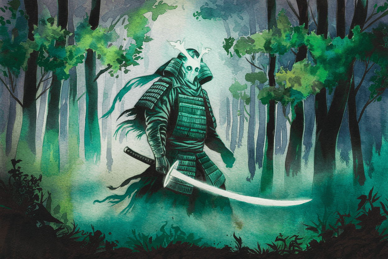 AI generated: A ghost samurai, his spectral form emerging from the misty depths of a dense forest. His ethereal ar...