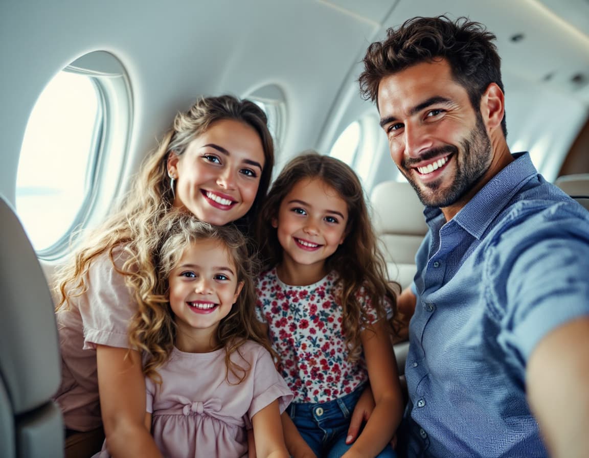 AI generated: familia con 2 niñas rubios, 3 niños con edades de 10,8,5,4,1 años, con su padre y su madre, morenos,...