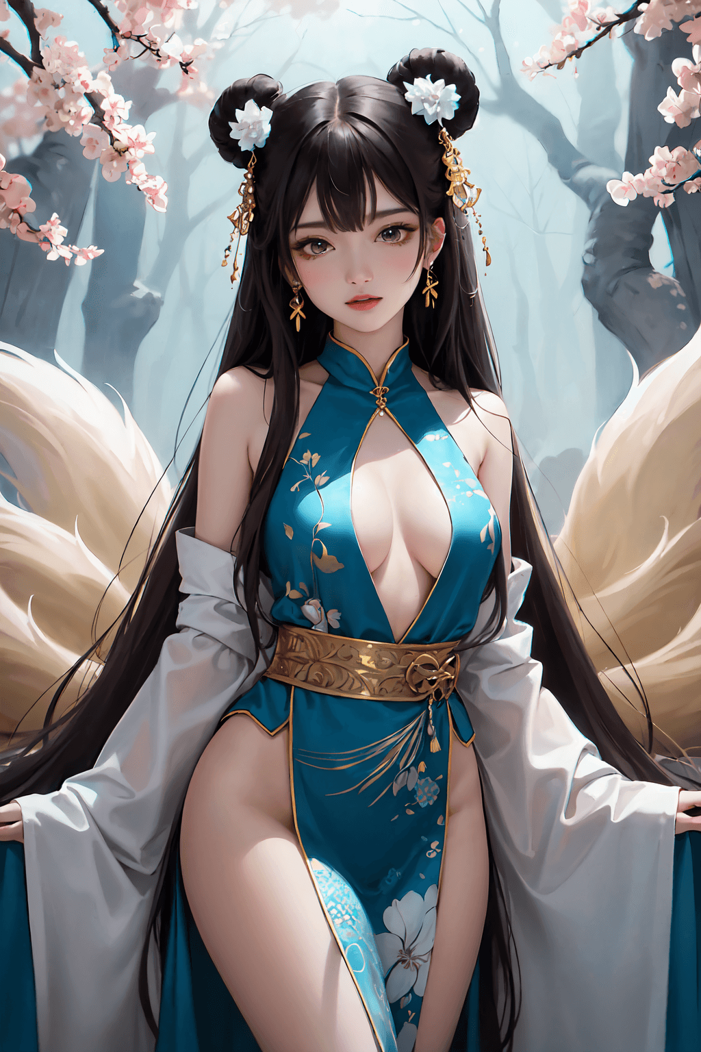 AI generated: In this hyper-maximalist masterpiece, a breathtaking image of the ultimate (nine-tailed fox girl) un...