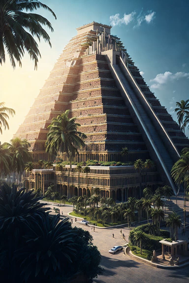 AI generated: A majestic Great Ziggurat of Ur surrounded by lush palm trees and a bustling cityscape, rendered in ...