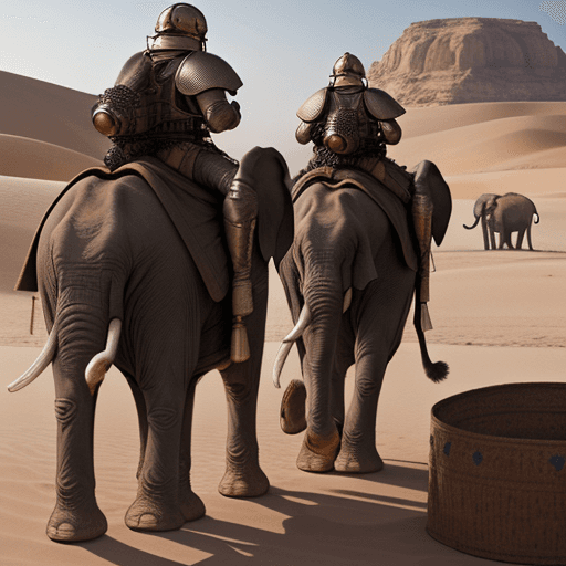 AI generated: High resolution photography, a group of elephant troops complete with riders with weapons wearing Pe...
