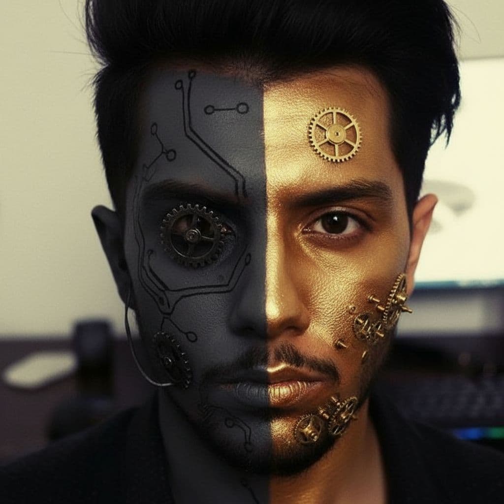 AI generated: close-up portrait of a person's face, split vertically. The left side of the face is painted in dark...