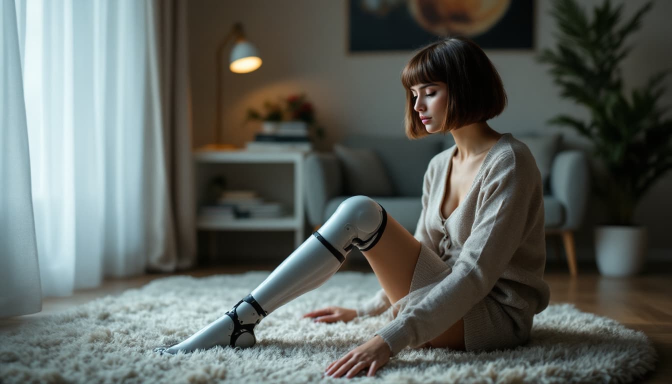 AI generated: Photorrealistic full body photo of a young Spanish woman with a bob haircut sitting on a fluffy carp...