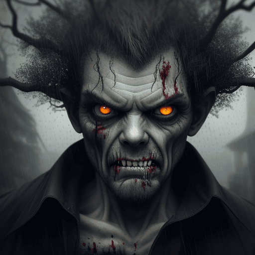 AI generated: A combination of a top 1 third oak tree and a lower  2 thirds zombie, evil look, heavy rain and wind...