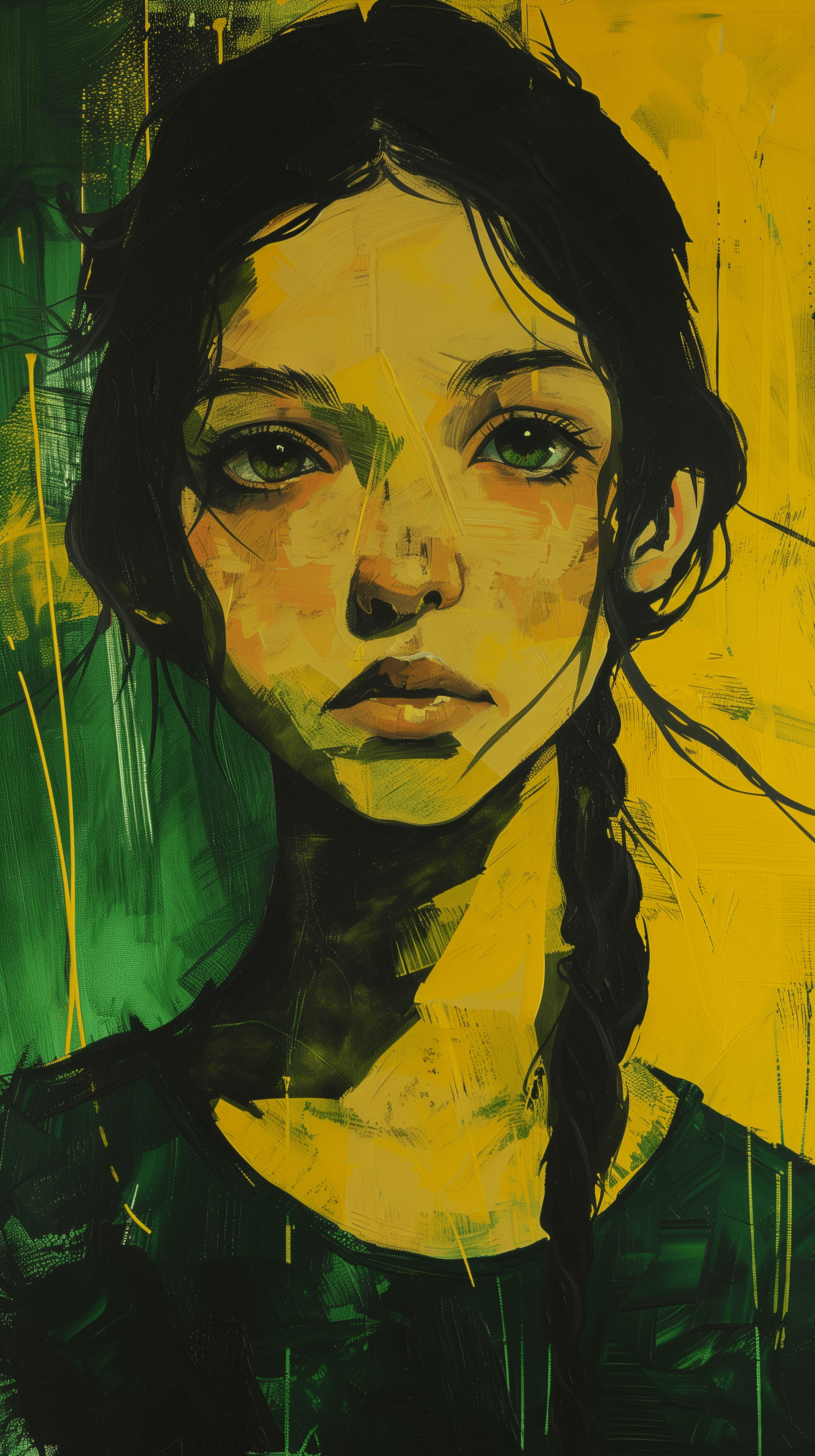 AI generated: graphic art style portrait of a girl, background in deep yellow and green, intense color contrasts o...