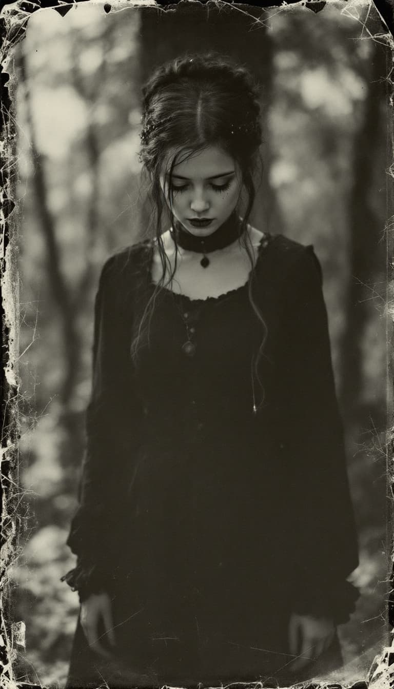 AI generated: girl, old polaroid photo, medieval, sad mood, b&w