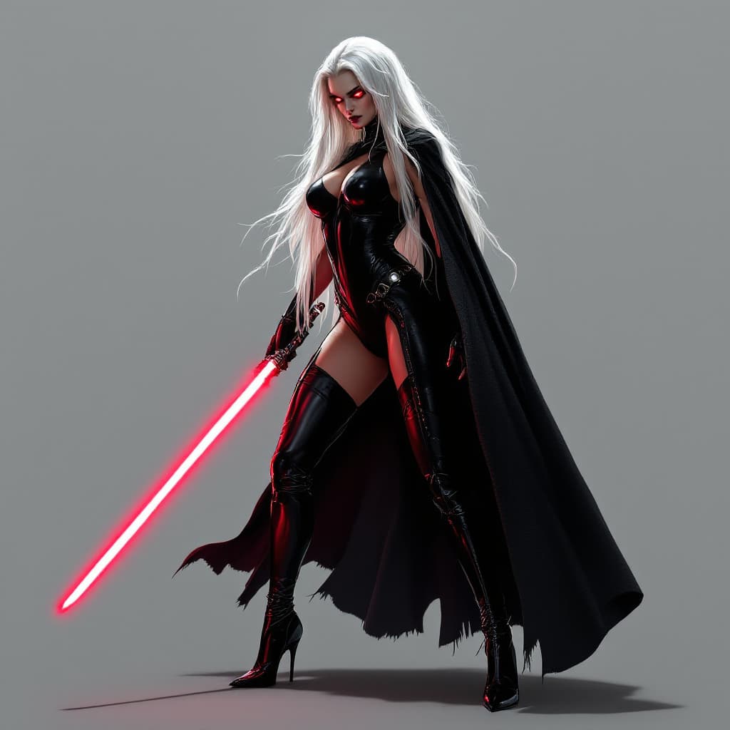 AI generated: Woman, tall, voluptuous, long white hair, Sith lord, cinematic, photo realistic, one piece black leo...