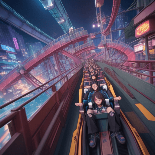 AI generated: Zaion LanZa, nijisanji, Cyberpunk, having fun on a rollercoaster