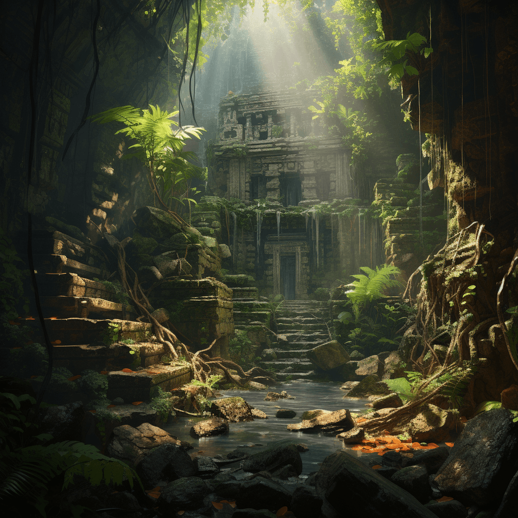 AI generated: ancient hidden temple found deep inside a lush rain forest| ancient greek ruins| rubble| gray dull b...