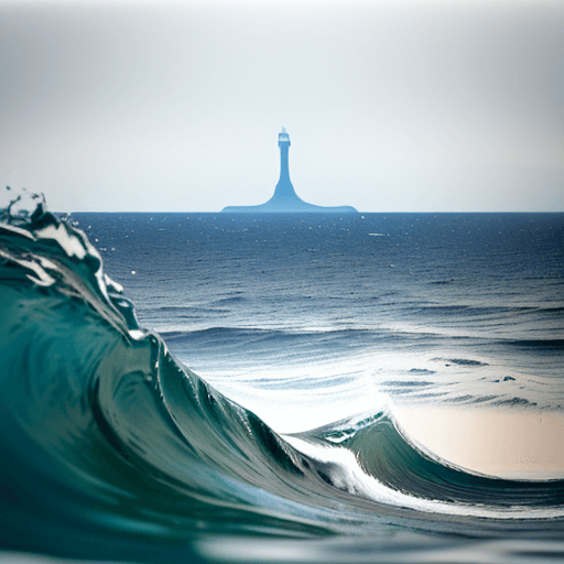 AI generated: view from the surface of a low wave (with no spray), in an empty calm ocean, a distant horizon, and ...