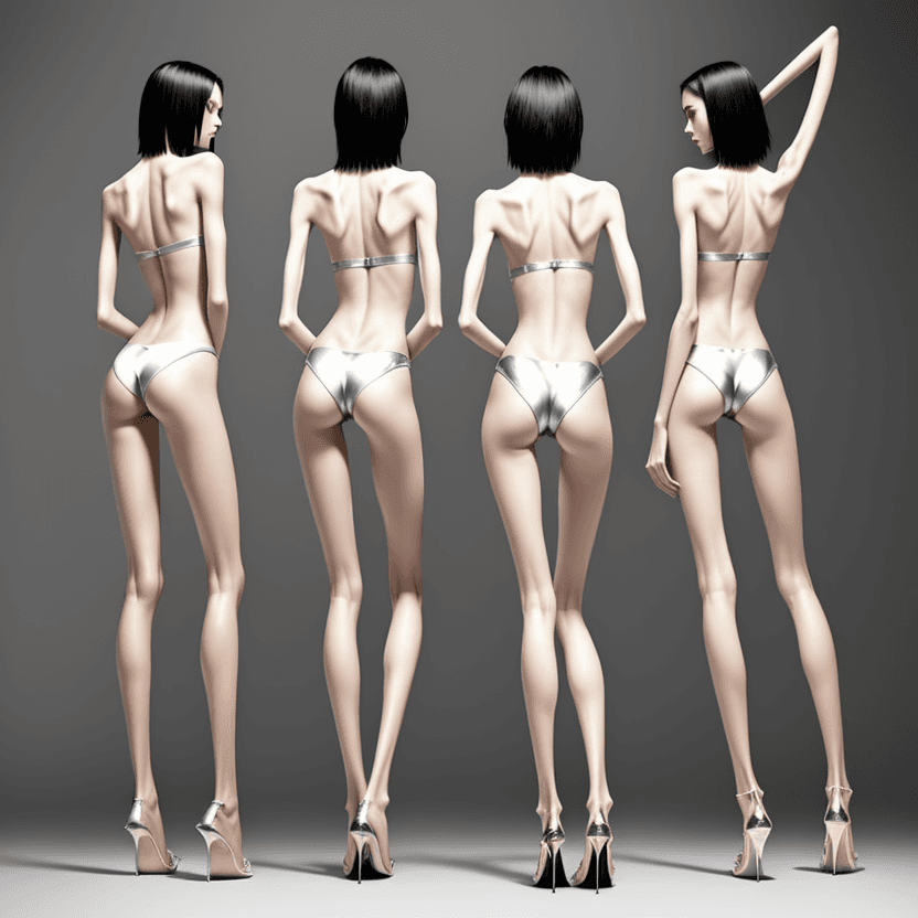 AI generated: photo of three an extremely skinny, flat-chested models with extreme long and skinny legs with extre...