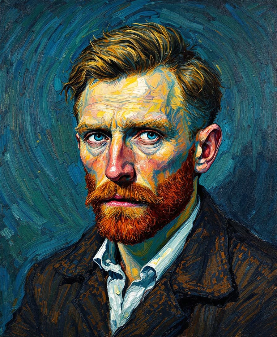 AI generated: Create A highly detailed oil painting in the style of Vincent van Gogh, featuring a self-portrait of...