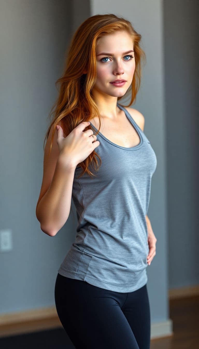 AI generated: a beautiful 27 year old long haired ginger girl with blue eyes, warming up for her gym session with ...