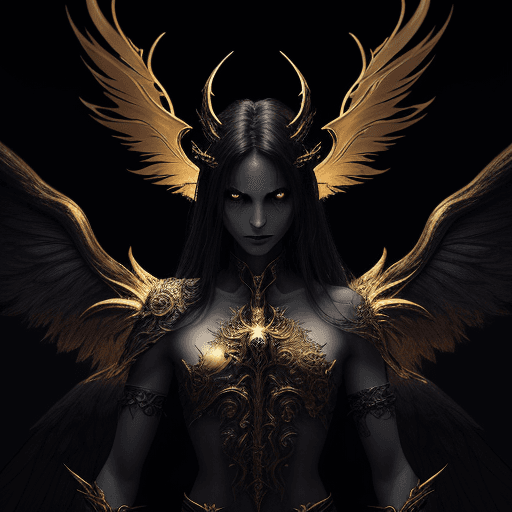 AI generated: The image features a fantasy-themed character with a demonic appearance, adorned with a halo and win...