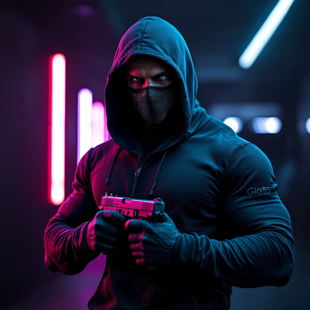 AI generated: dark with RGB lights background,muscle man wearing tight hoody, with a carbon fiber mask,dual 9mm ha...