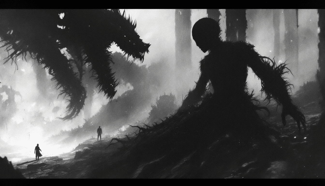 AI generated: epic dystopian scene from early 1900s retro (sci-fi German neo-expressionism black and white silent ...