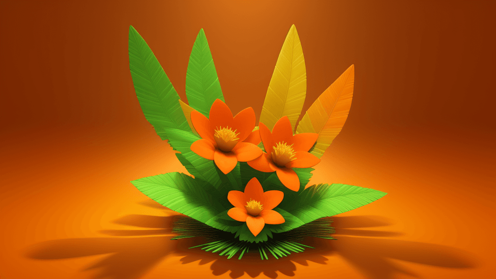 AI generated: abstract 3D shape parot, foliage and flowers incorporated, light emitting, orange background