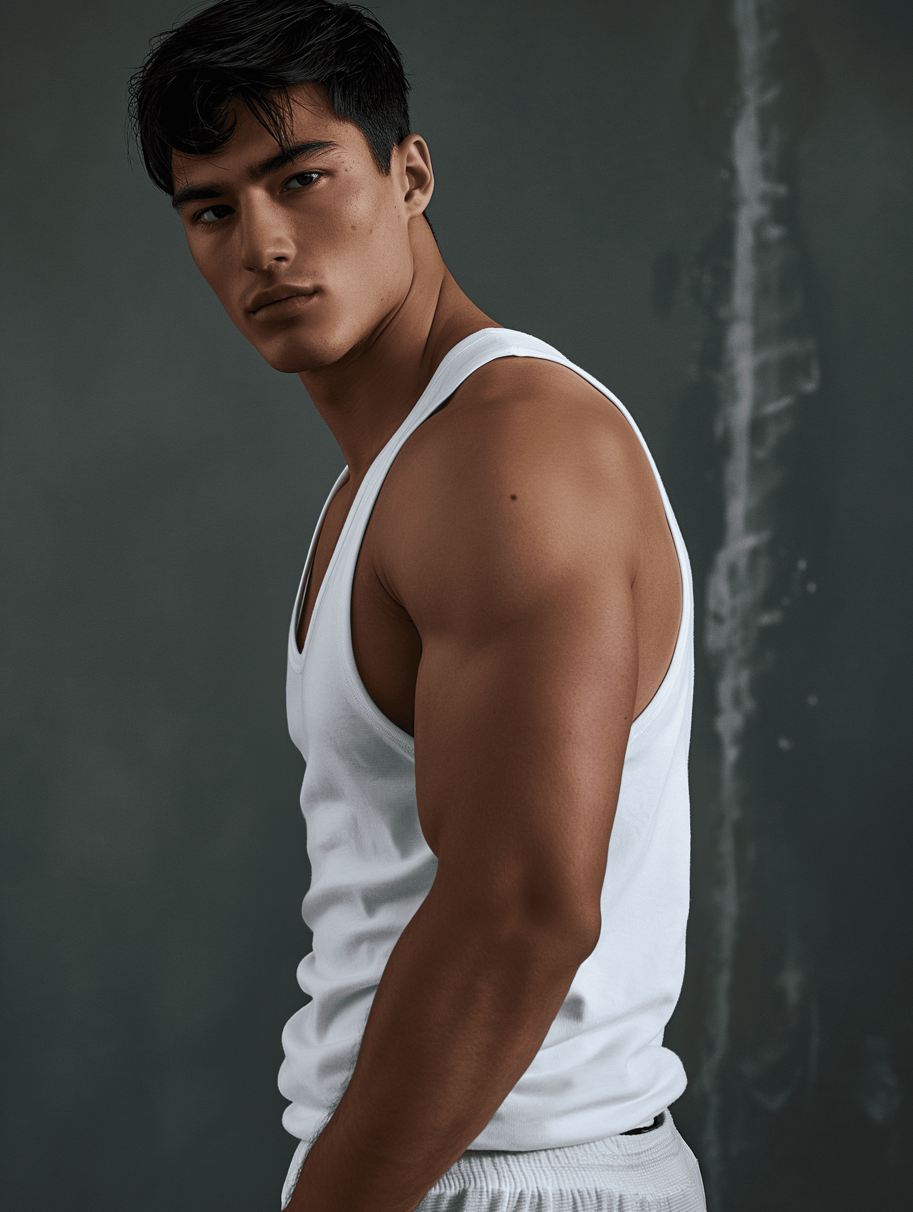 AI generated: A French Algerian male model with an athletic body and short black hair, wearing a white tank top ag...