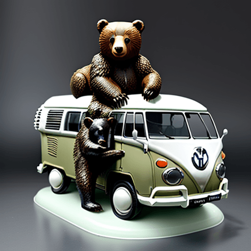 AI generated: a bear sitting on a plastic model of an old volkswagen bulli