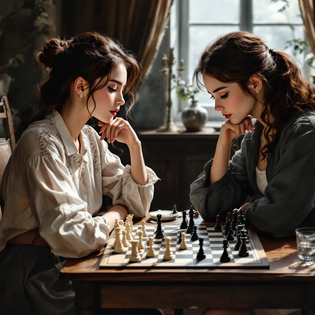 AI generated: 1girl, Masterpiece painting of two girls around the age of 30 playing in a chess tournament, indoors...