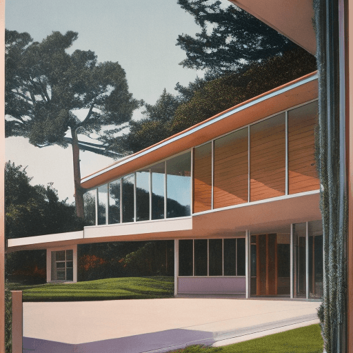 AI generated: Hyper realistic eye level exterior photo of a mid century modern style house overlooking the ocean, ...