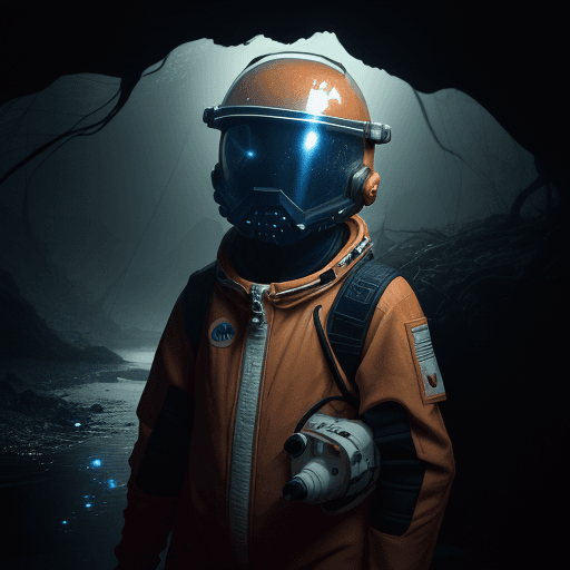 AI generated: classicnegative photo, a scary boy wearing an orange and white space suit hiding in a river in a dar...