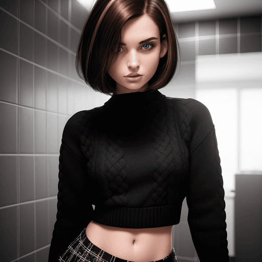 AI generated: (closeup of 21 year old female model wearing a black sweater and checkered mini skirt in a bathroom ...