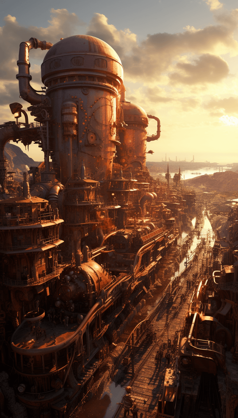 AI generated: a steampunk city a lot of steam futuristic steampunk machine bright sun in the sky --ar 4:7