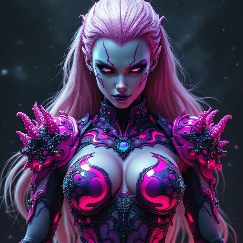 AI generated: A villainess with an elegant and powerful appearance, featuring a face similar to Cell from Dragon B...