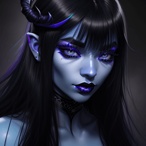AI generated: A woman with blue skin, long black hair, purple iris, black eyebrows, bangs, long eyelashes, black l...