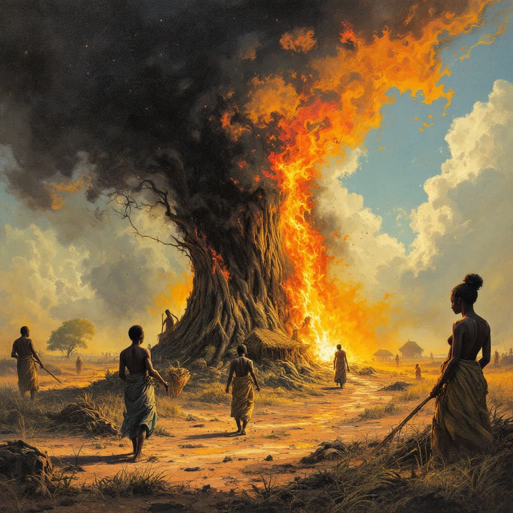 AI generated: AN AFRICAN VILLAGE THAT CATCHES FIRE