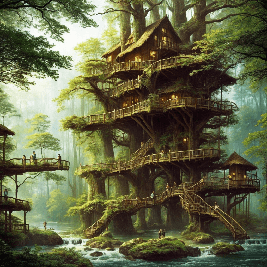 AI generated: A large treehouse city in an enchanted forest surrounded by a river, 8k, masterpiece, vibrant, overg...