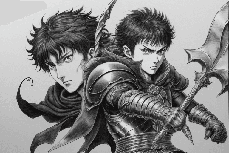 AI generated: monochrome, a man with big eyes, brown hair with tuft, in golden armor, manga, ((without helmet)), b...