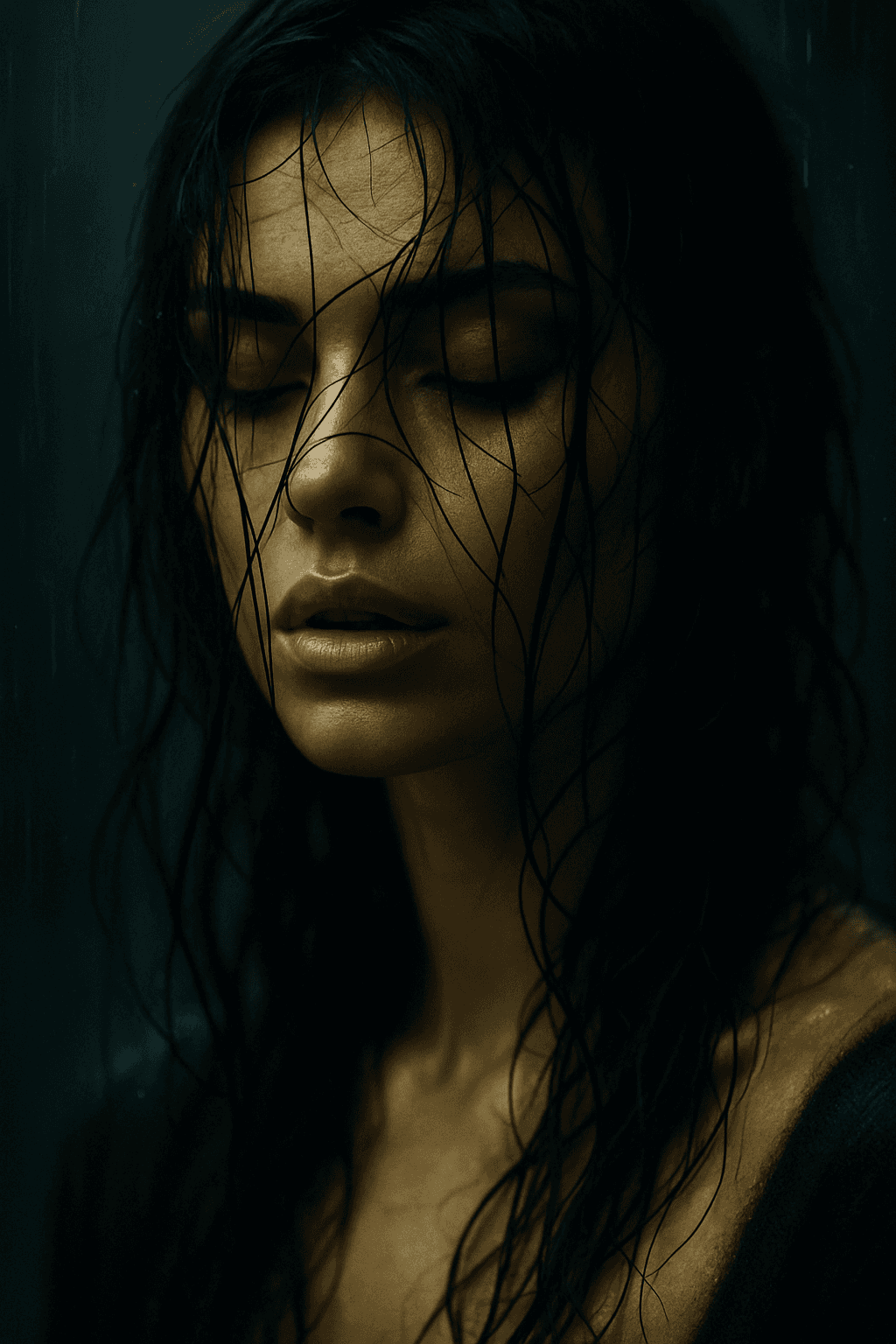 AI generated: create an image of Rain-kissed strands of hair fall like tangled ink across her face. The camera dar...
