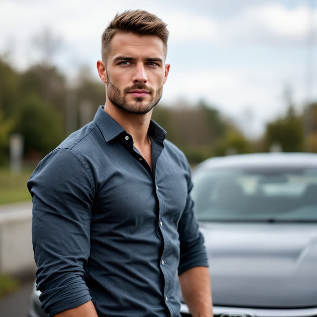 AI generated: Attractive hungarian man in his 30s, in a sharp shirt with slightly toned muscles not shaved for 2 d...