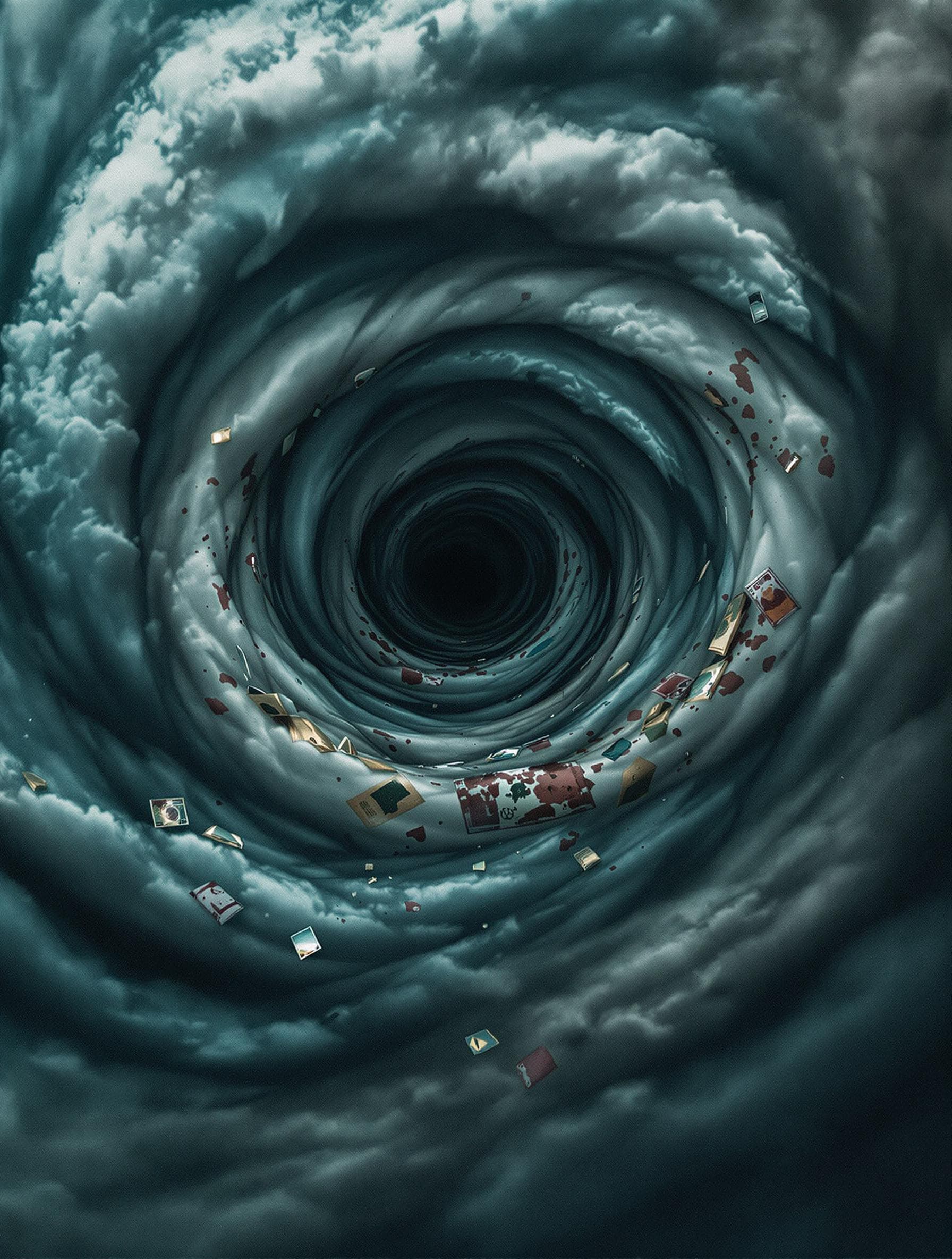 AI generated: Air vortex made of dark storm clouds, such as tornado, view from above to the eye of the cyclone, co...