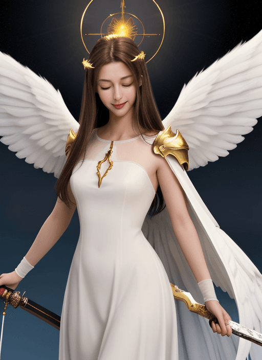 AI generated: a femine angel, tall, long brown hair, closed eyes, a light smile, white dress, big white wings, a h...