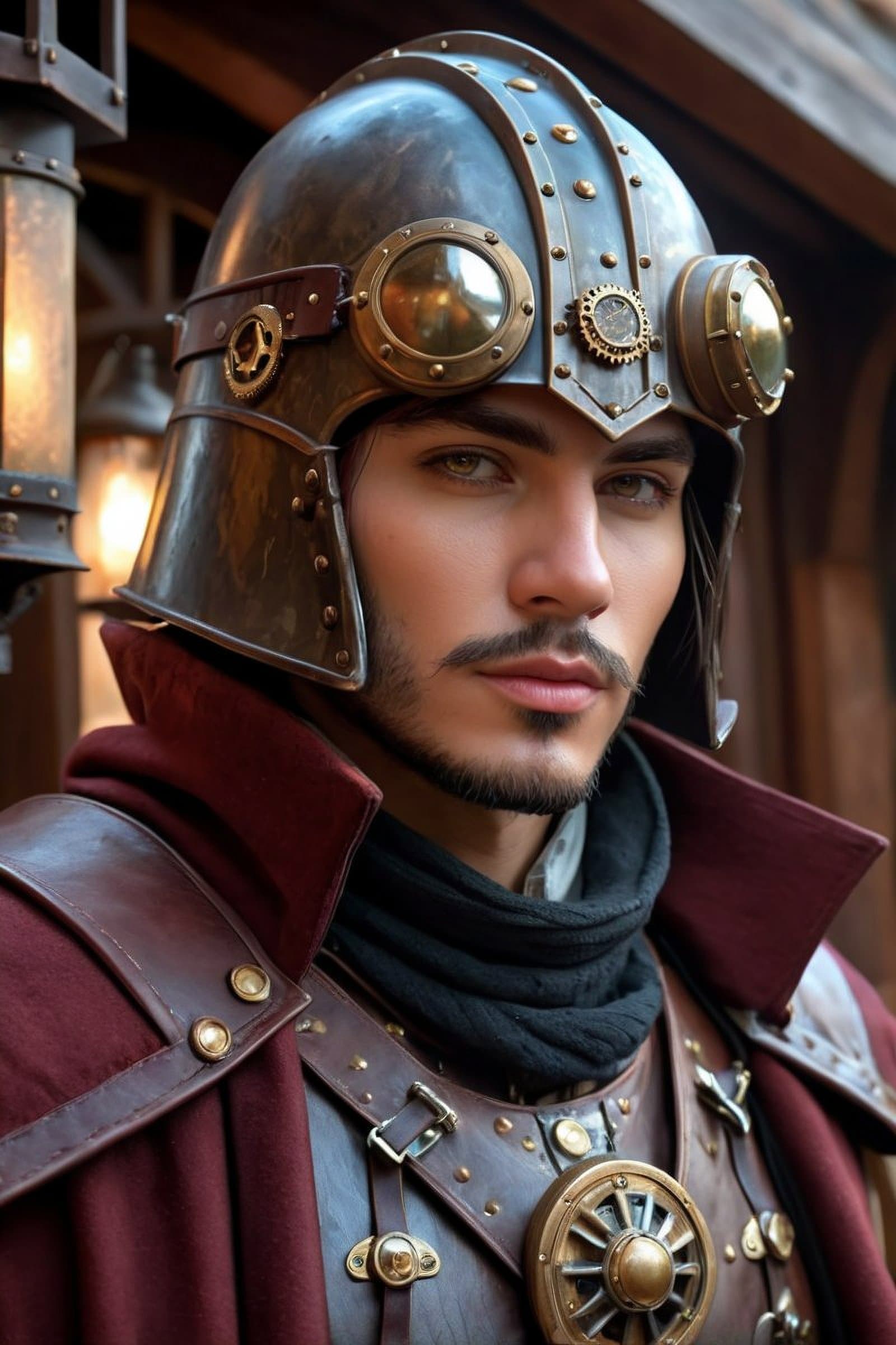 AI generated: portrait of a (medieval fantasy steampunk magitek male bounty hunter artificer) , enclosed great hel...