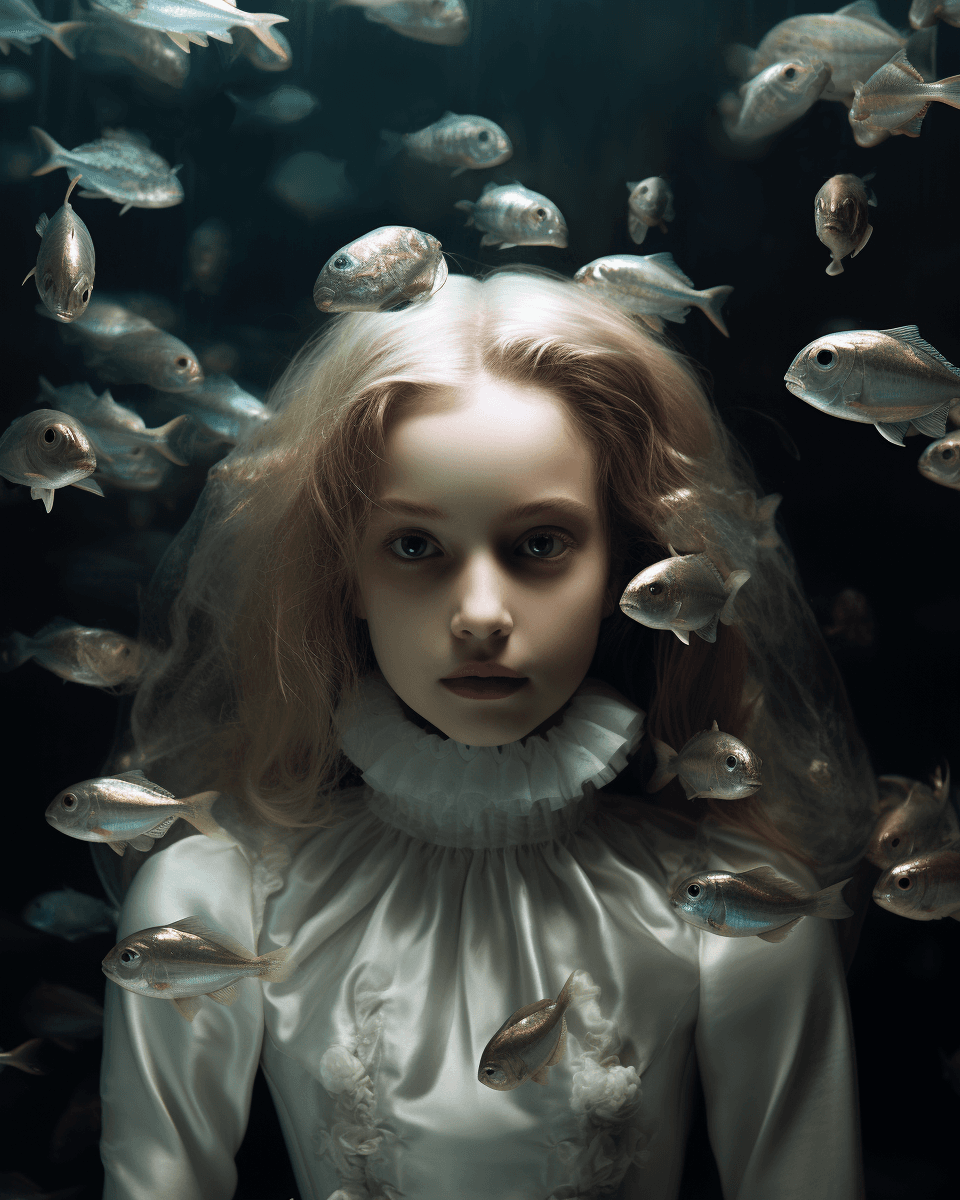 AI generated: the cover page for magazine, intricate underwater worlds, uncanny valley realism, gothic horror, aqu...
