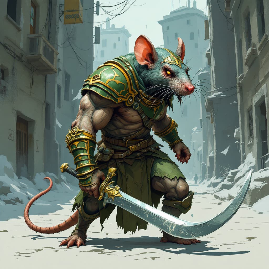 AI generated: brutal muscular poor rat warrior hide on city , metallic green bronze armor, vector aesthetics ,It's...