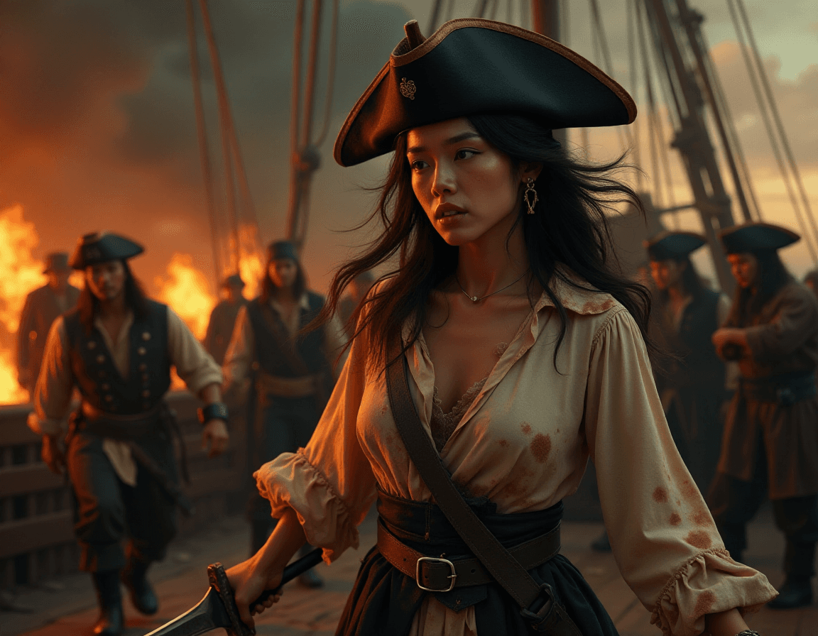 AI generated: digital painting, movie still, detailed, portrait of a chinese pirate woman moving in a hurry, she l...