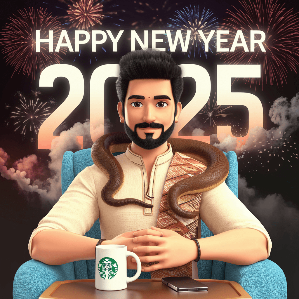 AI generated: Anime 3D portrait image of a South Indian man with beard and mustache sitting on a chair looking dir...