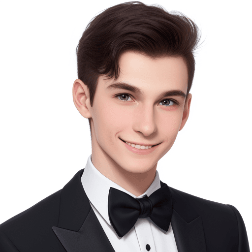 AI generated: 3/4 passport photo, young guy, in a tuxedo, smiling, white background, looking straight, small cheek...