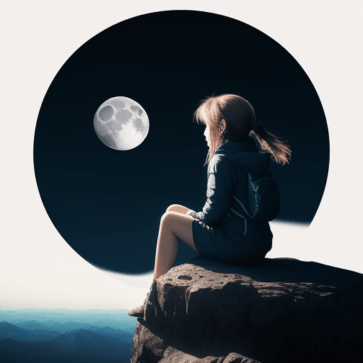 AI generated: a girl sitting on top of mountain and watching the moon