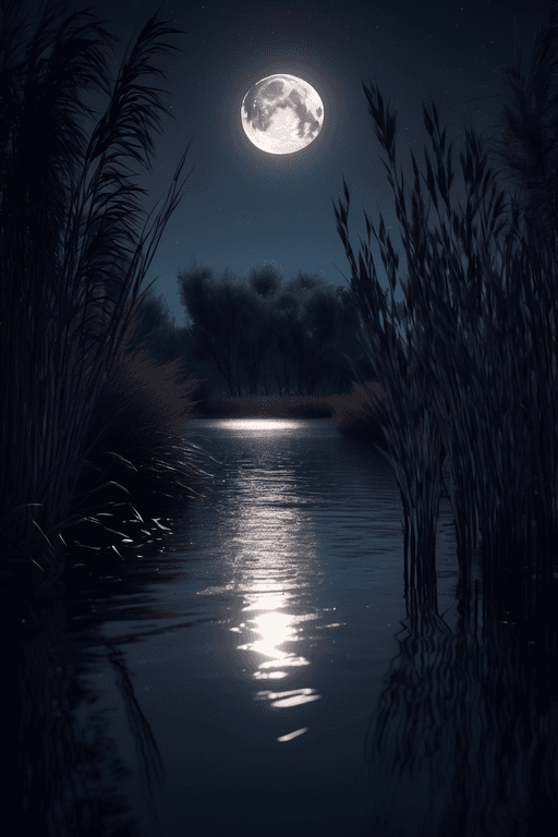 AI generated: Moonlit riverside, night sky serenity, reflections of moon on water, reeds swaying in night breeze, ...