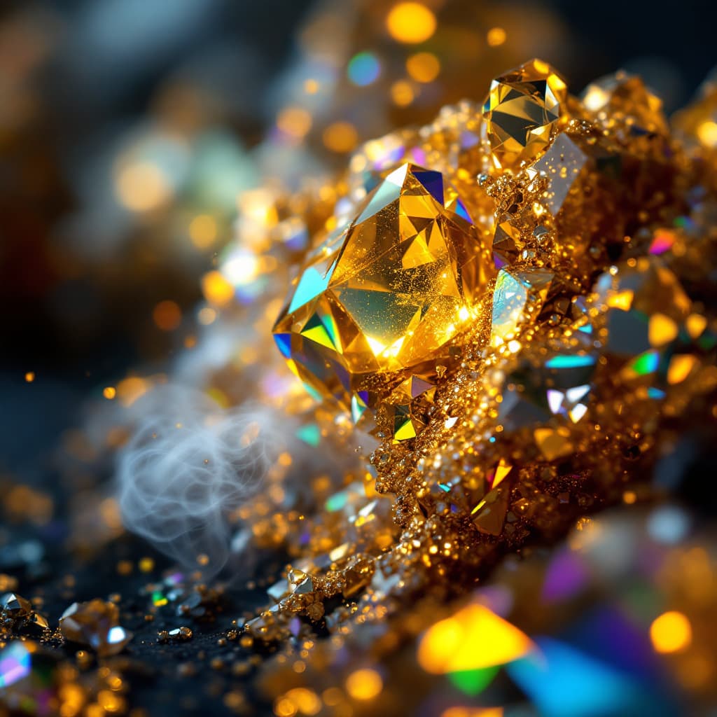 AI generated: A golden crystal with shimmering golden facettes and rainbowlike fumes under an electronic microdeta...