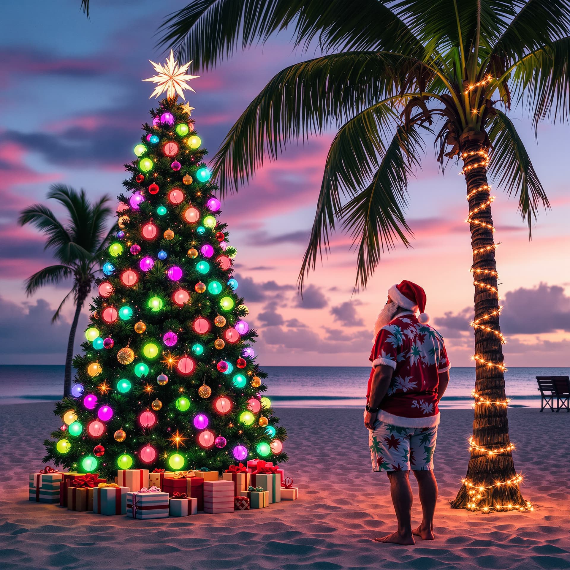 AI generated: a christmas scene in miami beach.  Christmas palm tree with pastel lights,  santa in shorts and a be...